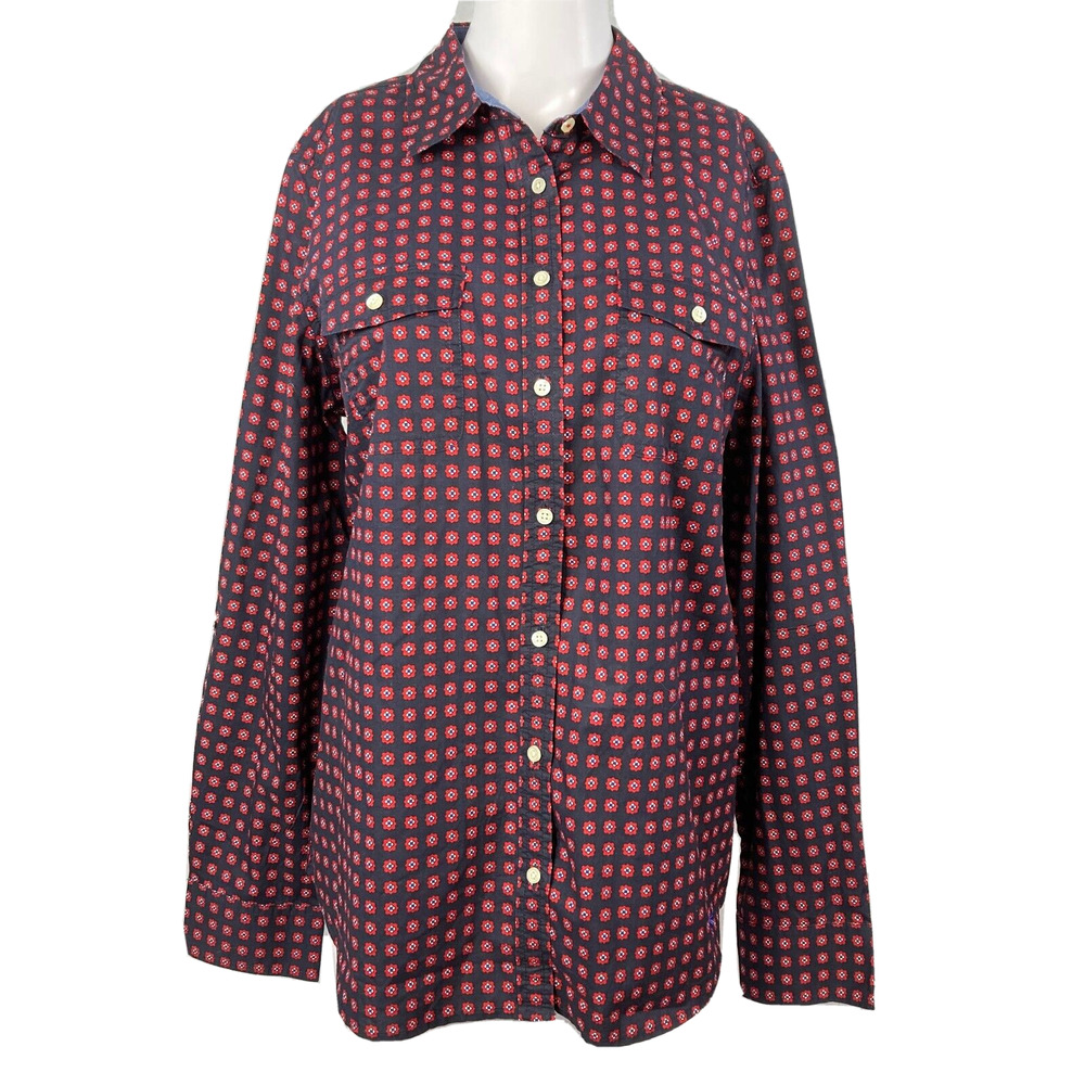Talbots Shirt Womens Sz 12 Navy Blue Red Print Cotton Button Up Long Sleeve